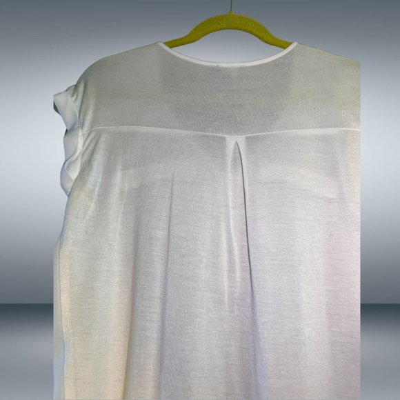 EggShell Rolled Short Sleeve Zip V-Neck Blouse - Opaque Silky Front, Knit Back - Picture 5 of 6